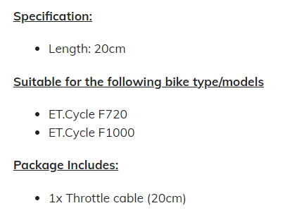 Throttle cable for F1000 and F720 Black (20cm)