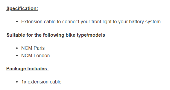 SPANNINGA Bike Light Cable SEP/HL2701 for NCM Paris/London