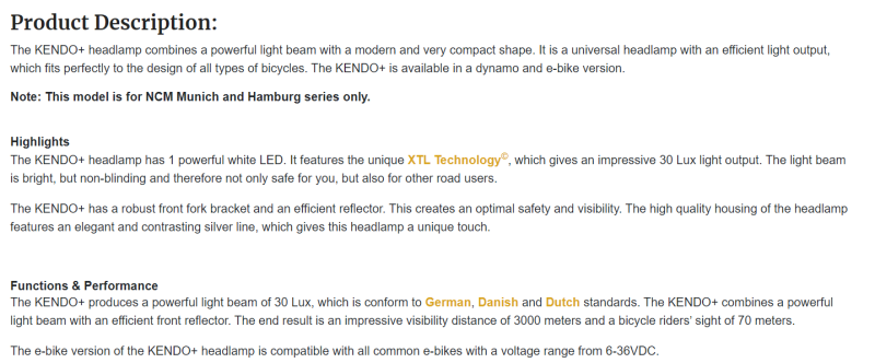 SPANNINGA KENDO+ Front Light for E-Bike, 35 Lux (HL2800) Flat plug
