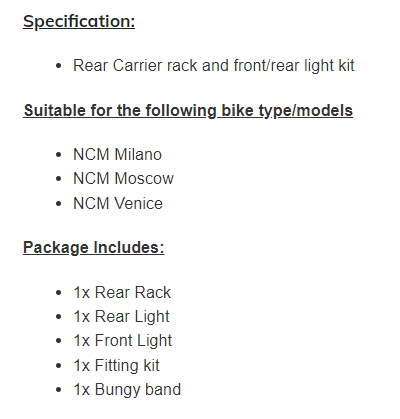 Rear Carrier Rack + Front Light + Rear Light kit for Moscow, Venice, Milano