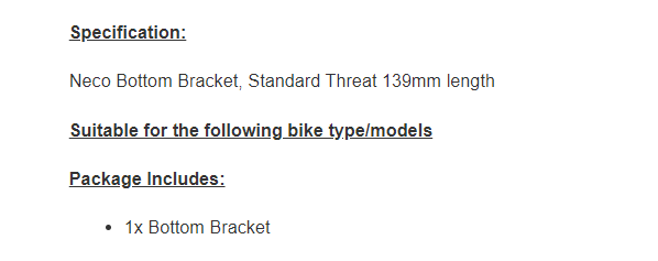 NECO Bottom Bracket, B910, 139mm