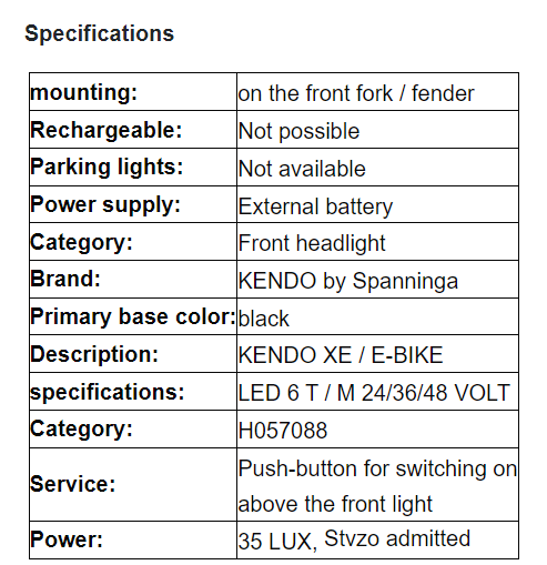 SPANNINGA KENDO+ Front Light for E-Bike, 35 Lux (HL2800) Flat plug