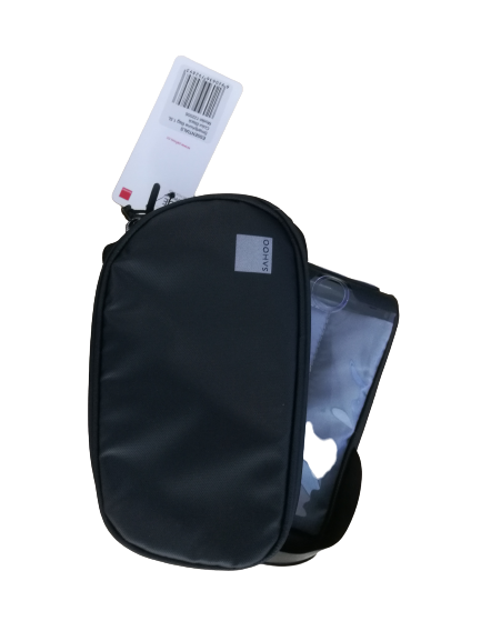 Top Bar Bag with Rotating Phone Holder, L17/H9/D4cm per pocked, black , toptube mount, secures w/ 3 velcro straps. 2 main pockets,.