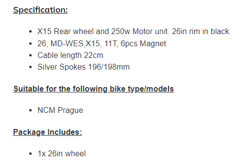 Rear Motor Wheel X15 motor and rim Prague 26"