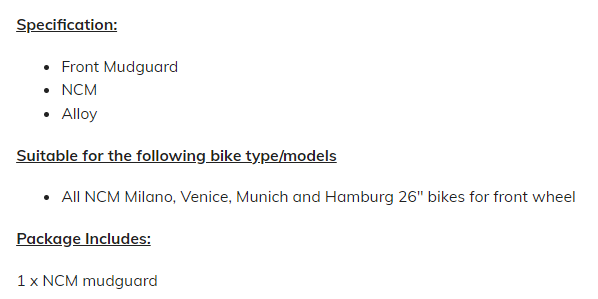 Mudguard 26", Black, for NCM MILANO/VENICE/MUNICH, HAMBURG, front mudguard, alloy
