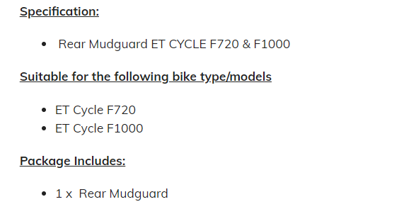 Rear Mudguard for ET CYCLE F720 & F1000