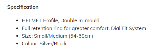 HELMET Profile, Double In-mould, Full retention ring for greater comfort, Dial Fit System, Small/Medium (54-58cm) Silver/Black