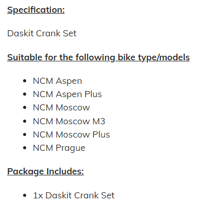 Daskit Crank Set (170 B) for Aspen , Aspen +, Moscow, Moscow M3 Moscow Plus, Prague