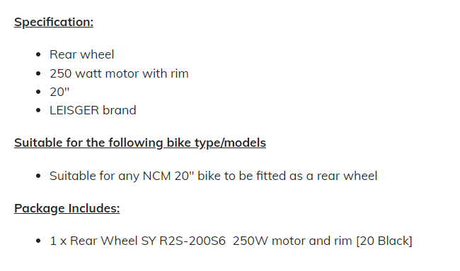 LEISGER Rear Wheel SY R2S-200S6 250W motor and rim [20 Black] London
