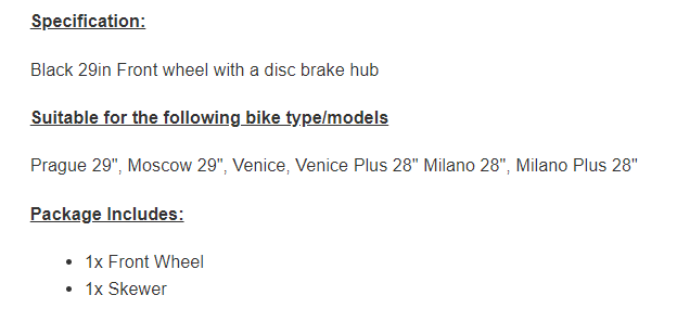 Front Disc Brake Wheel, F700D-A918Q, Black, Prague 29", Moscow 29" , Venice , Venice Plus 28" Milano 28", Milano Plus 28"